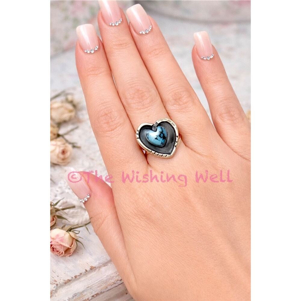 Picture Box Golden Hills Turquoise Heart Ring Artisan Sterling Size Adjustable - Picture 8 of 9